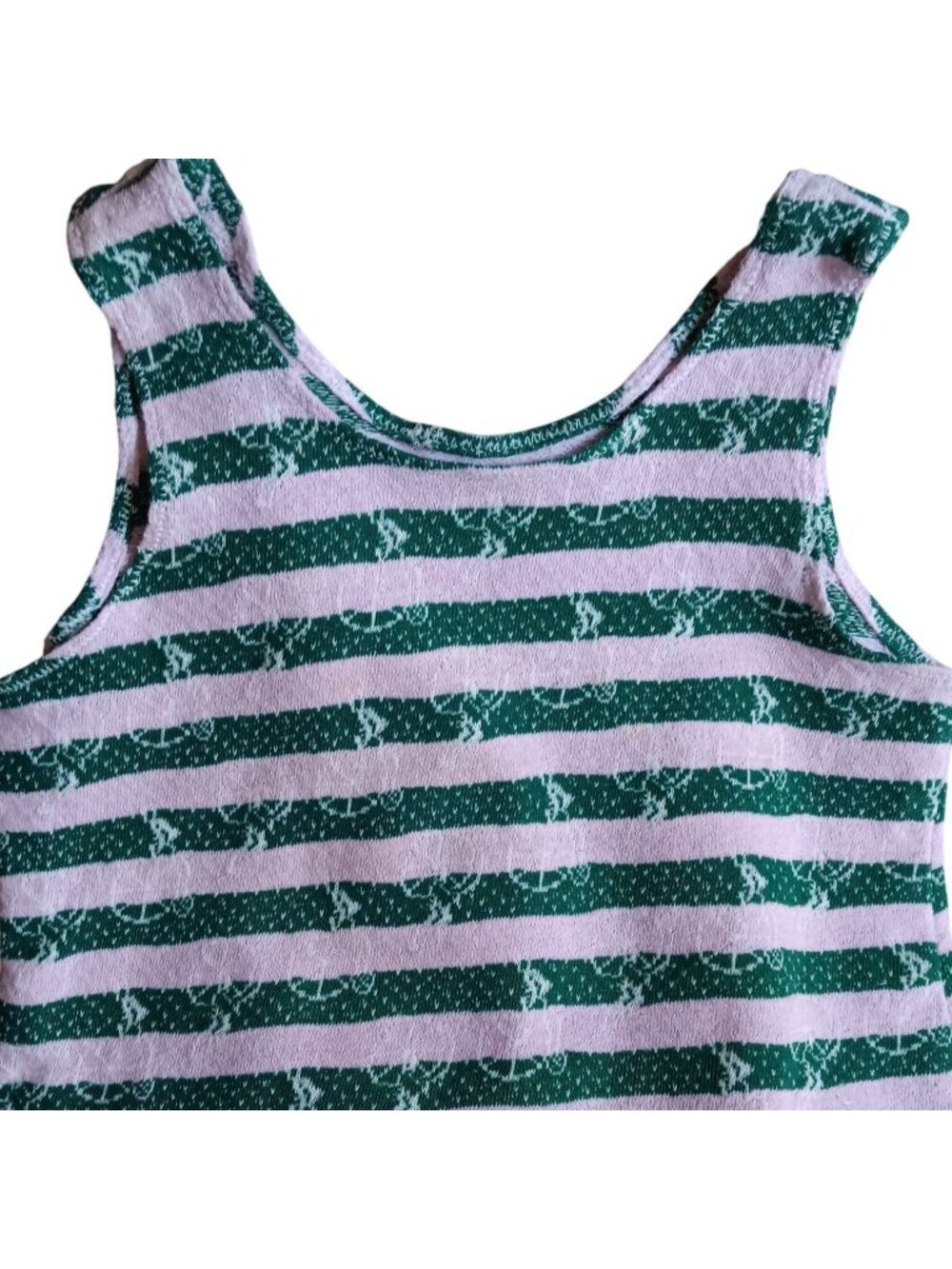 Vintage Tank Top Girls 6/8 Unicycle Print Green White Striped Sleeveless 1970's
